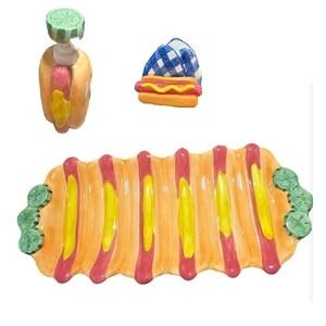 VINTAGE 98 Lotus Hot Dog BBQ Ceramic Serving Platter Napkin Holder sauce pump